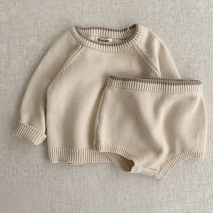 Korean Style Newborn Baby Boys Girls Clothing Set Long Sleeve Solid Color Knitted Pullover+Shorts Autumn Spring Clothes Suit