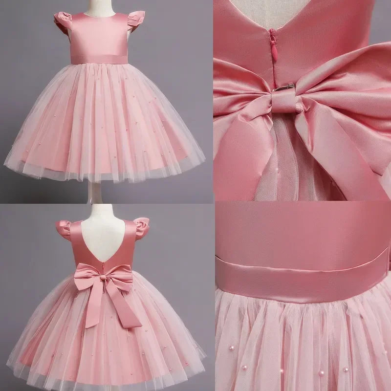 Süßes Baby Mädchen Kleid für Party Prinzessin Perlen Mesh Kleider für Kinder Geburtstag Ball Kostüme für Blumenmädchen 1-5Y Säuglingskleidung