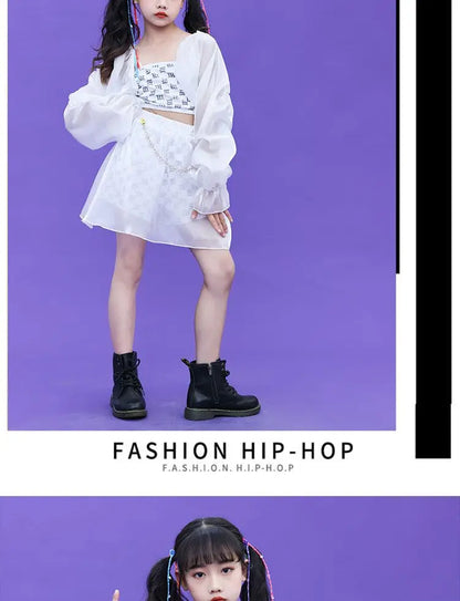 Kpop Mädchen Kleidung Jazz Dance Kostüm Weiß Leistung Anzug Hip Hop Modern Dance Outfit Kinder Bühne Tragen Mode Kleidung