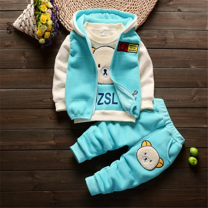 2024 jungen Set Mädchen Baumwolle Dicke Warme Casual Mit Kapuze Pullover Anzug Herbst Winter Kinder Cartoon Niedliche Bär Drei-Stück 0-5Y