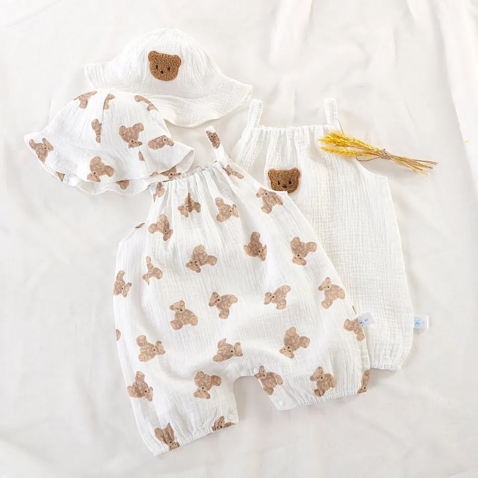 Baby-Overall für Neugeborene, Sommer, lässiger Einteiler für Jungen und Mädchen, Bären-Schlafanzug, Säuglingsgeburtstag, Musselin, Einteiler, weiß, beige, Strampler mit Mütze