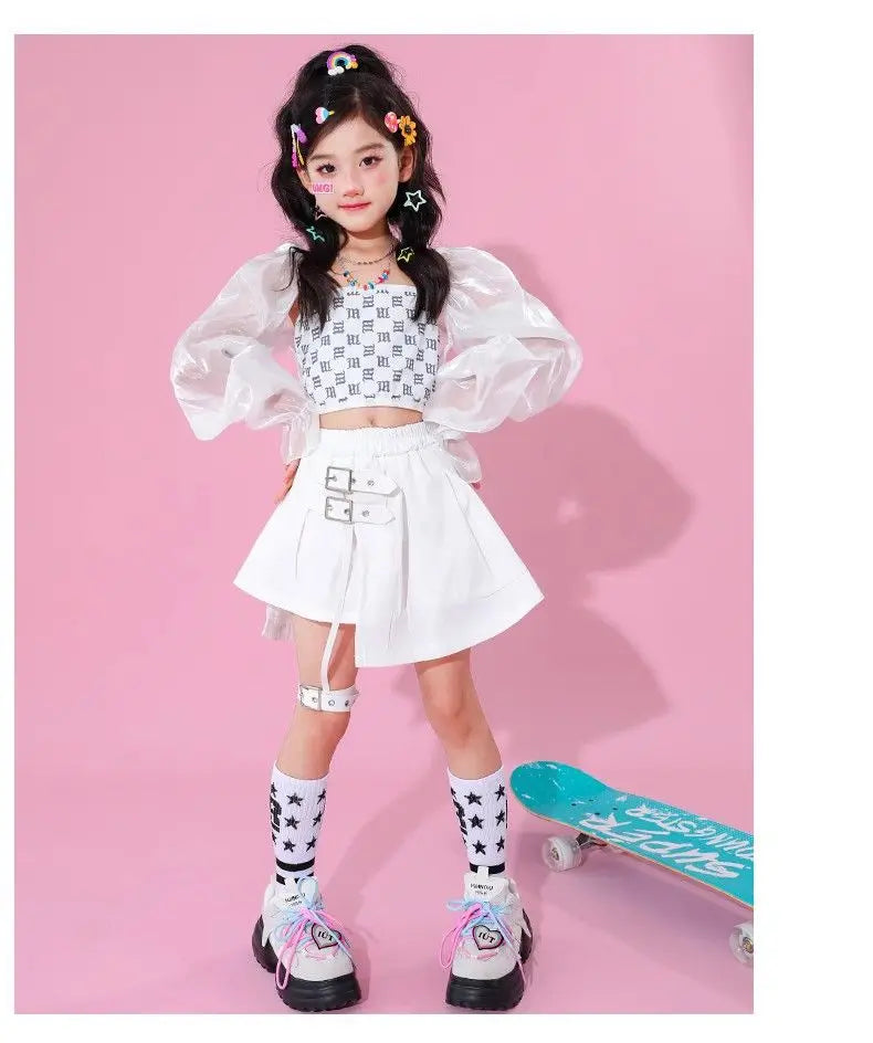 Kpop Mädchen Kleidung Jazz Dance Kostüm Weiß Leistung Anzug Hip Hop Modern Dance Outfit Kinder Bühne Tragen Mode Kleidung