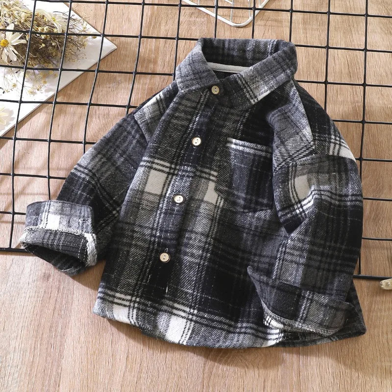 Boys' shirt long sleeved autumn checkered shirt children's retro color patchwork cardigan new lapel top coat girl