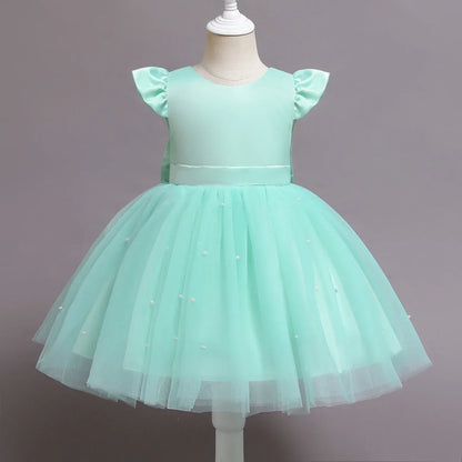 Süßes Baby Mädchen Kleid für Party Prinzessin Perlen Mesh Kleider für Kinder Geburtstag Ball Kostüme für Blumenmädchen 1-5Y Säuglingskleidung