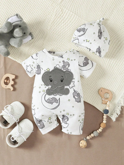 Newborn Baby Boys' Casual Cute Cartoon Elephant Pattern Round Neck Short Sleeve Romper With Shoulder Snaps, Shorts And Hat