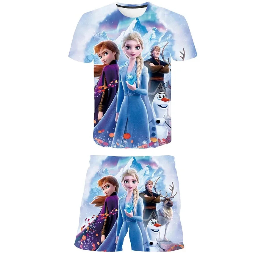 Anna Elsa Kids Suits Girls Summer Elsa Frozen Clothes Baby Sets Children Sleeve Clothing T-shirt Tee 2 3 5 7 8 9-14 Years