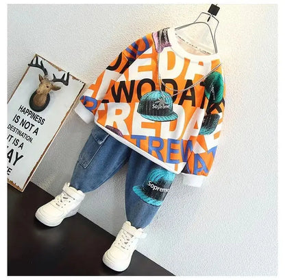 Autumn New Boys Spring and Autumn Suit Casual Wear Home Outing Sweatshirt Two-piece Fashionable Set