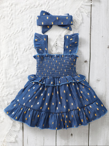 3-24Months Infant Baby Girl Golden Dot Slip Blue Dress Toddler Girl Summer Fashion Party Princess Dresses with Headband 2Pcs Set