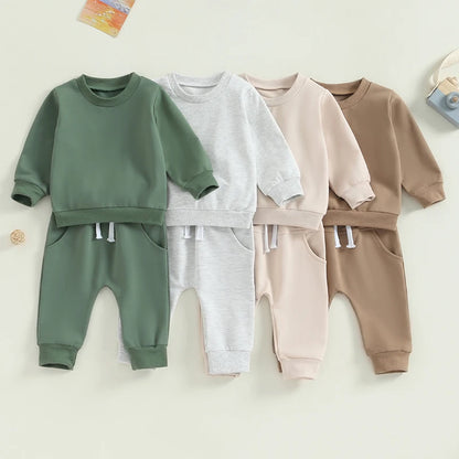 Baby Boys Girls Autumn Clothes Newborn Toddler Long Sleeve Solid Color Tops Sweatshirt Pants Outfits Infant Tracksuits