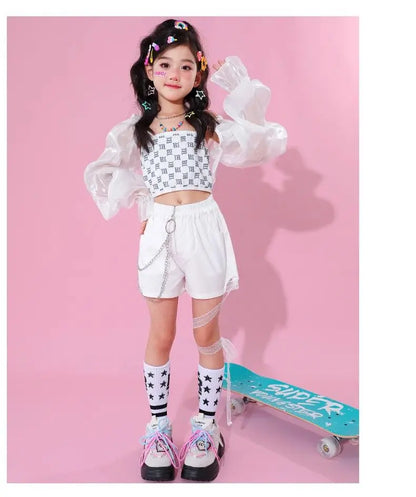 Kpop Mädchen Kleidung Jazz Dance Kostüm Weiß Leistung Anzug Hip Hop Modern Dance Outfit Kinder Bühne Tragen Mode Kleidung