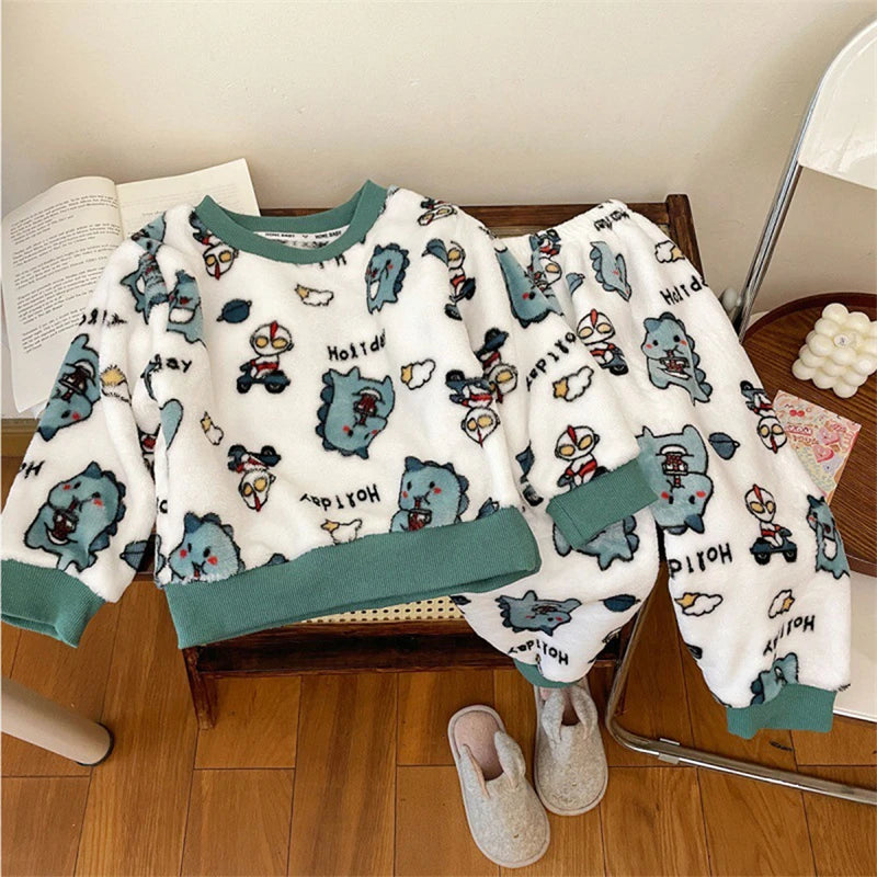 Neue 2024 Herbst Winter Kinder Verdicken Weich Flanell Pyjamas Sets Baby Jungen Mädchen Cartoon Oansatz Pullover Warme Schlaf Sets Pyjamas