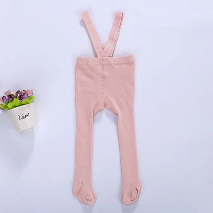 Tregren 0-3Years Newborn Baby Suspender Overall Pantyhose Solid Color High Waist Ribbed Knit Tights Infant Spring Fall Leggings