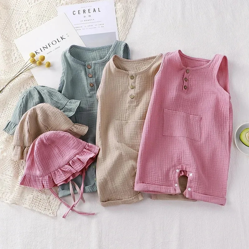 Muslin Baby Jumpsuit Hat Long Sleeve Cotton Toddler Romper for Boys Girls Solid Color Spring Autumn Baby Clothes Newborn Onesie