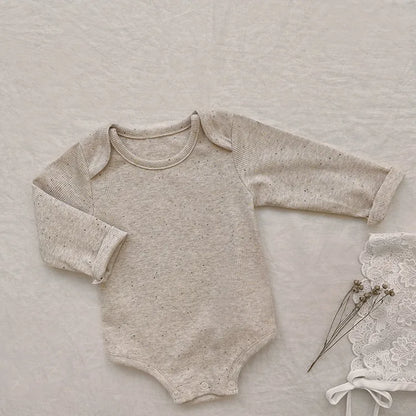 Baby-Jumpsuit für Herbst, einreihig, lang, für Jungen und Mädchen, farbig, aus Baumwolle, Strampler + Mütze mit Hasenohren, gepunkteter gerippter Strampler mit Streifen